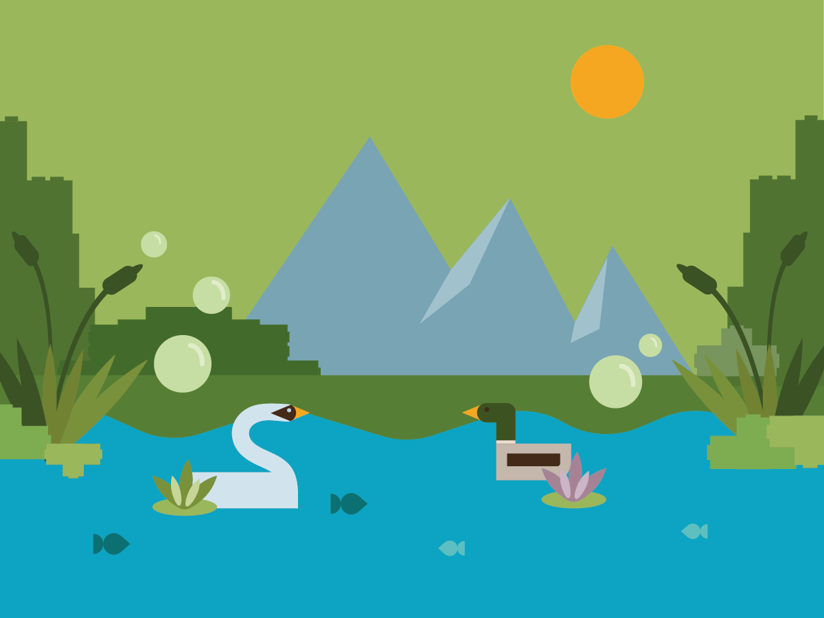 Illustrazione di un paesaggio naturale con montagne, lago, vegetazione, pesci e due cigni, in stile grafico flat