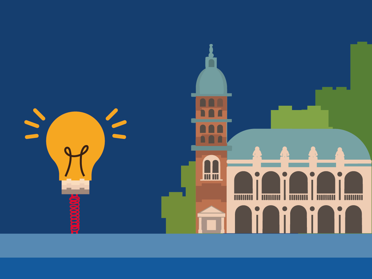 Illustrazione di un edificio storico affiancato da una lampadina simbolo dell’innovazione e delle idee.