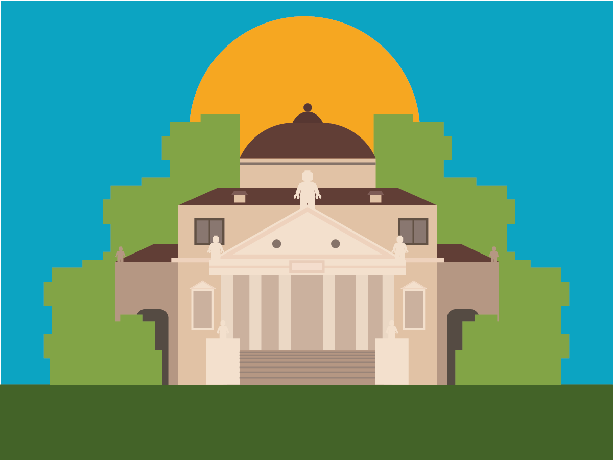 Illustrazione frontale di un edificio storico con colonne, statue e cupola, circondato dalla vegetazione.