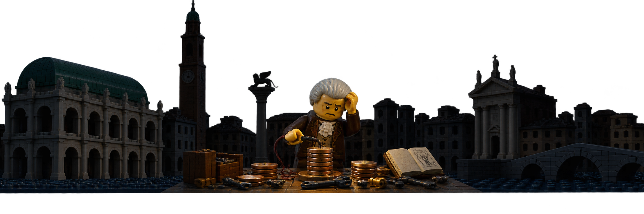 Illustrazione in stile LEGO di una Vicenza immersa nell’oscurità, con i principali monumenti della città appena visibili sullo sfondo. In primo piano, un omino LEGO nei panni di Alessandro Volta è intento a lavorare con strumenti, fili e pile, circondato da oggetti e appunti, con un’espressione preoccupata e concentrata.