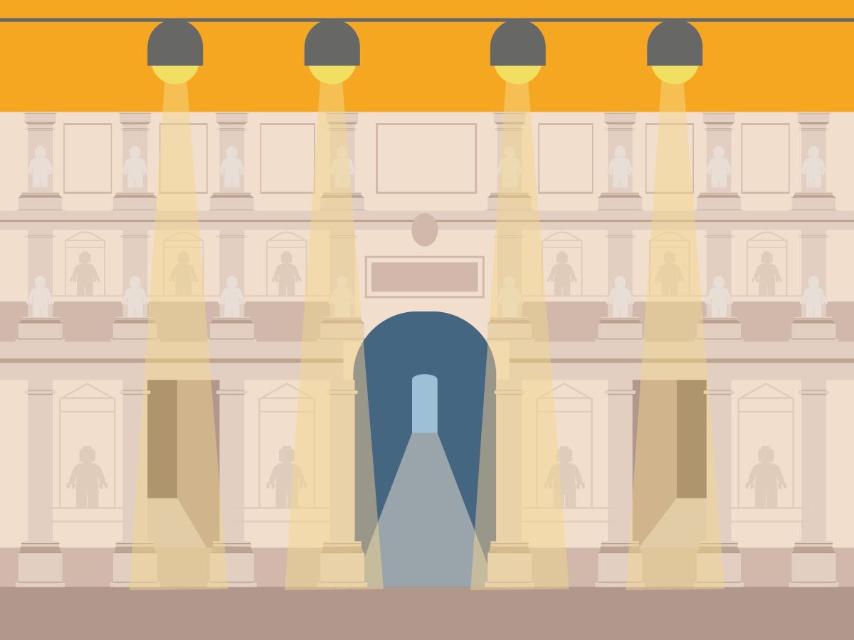 Illustrazione di un museo classico con statue e opere esposte, illuminato da grandi fasci di luce.