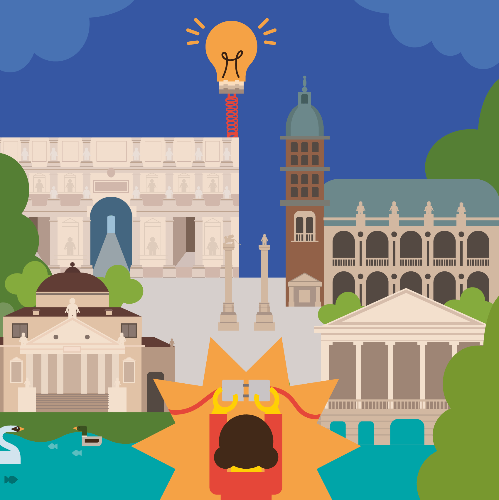 Illustrazione in stile flat di Vicenza con alcuni dei suoi monumenti storici immersi nel verde e affacciati sull’acqua. In primo piano, una grande lampadina accesa rappresenta la luce e l’energia, con un bambino raffigurato al centro. Alcuni cigni nuotano nell’acqua sullo sfondo.