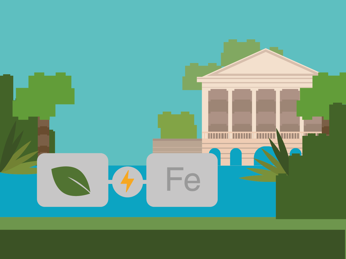 Illustrazione di un edificio storico vicino all’acqua con un elemento grafico che rappresenta l’energia elettrica e il simbolo chimico del ferro (Fe).
