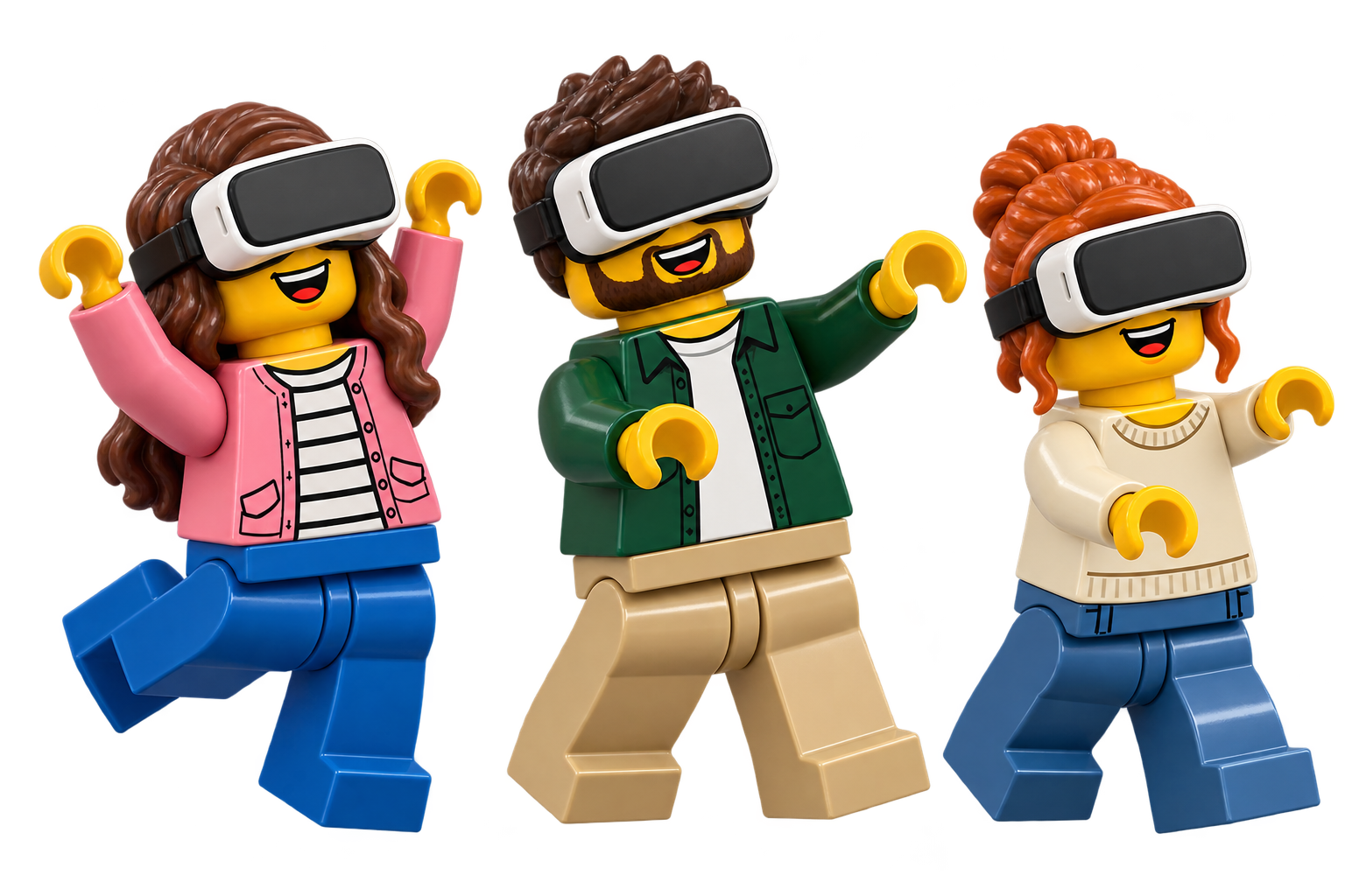 Tre personaggi LEGO indossano visori per la realtà virtuale e vivono un’esperienza immersiva con entusiasmo e divertimento, raffigurati in movimento su sfondo trasparente.