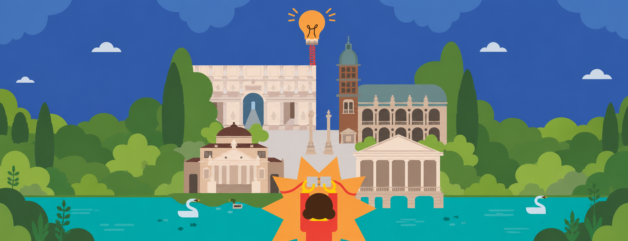 Illustrazione in stile flat di Vicenza con alcuni dei suoi monumenti storici immersi nel verde e affacciati sull’acqua. In primo piano, una grande lampadina accesa rappresenta la luce e l’energia, con un bambino raffigurato al centro. Alcuni cigni nuotano nell’acqua sullo sfondo.